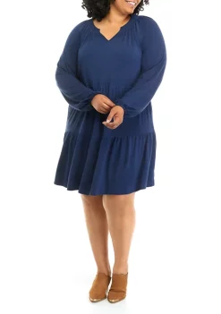 New 🥰 Wonderly Plus Size Long Sleeve Smocked Split Neck Tiered 👗 Dress 💯 -Wonderly Shop Belk 1040