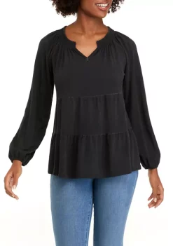 Deals 😀 Wonderly Petite Long Sleeve Smocked Split Neck Tiered Tunic Top 👏 -Wonderly Shop Belk 1057