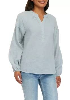 Discount 🌟 Wonderly 👩 Women's Long Sleeve Gauze Popover Woven Top ✔️