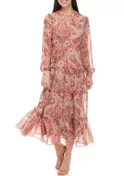 Buy 😍 Wonderly 👩 Women's Rust Long Sleeve Printed Maxi 👗 Dress 😍 -Wonderly Shop Belk 1137