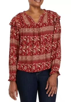 Best Sale 🛒 Wonderly Petite Printed Split Neck Woven Top ⭐