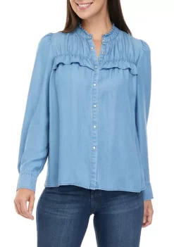 Flash Sale 🔔 Wonderly 👩 Women's Chambray Ruffle Tencel 👕 Shirt 🔥 -Wonderly Shop Belk 1170