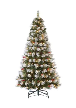Best deal 🌟 Puleo International 7.5 ft Flocked Pine Tree with Pine Cones & Berries 😍