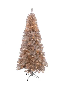 Hot Sale 🔥 Puleo International 6.5 Foot Rose Gold Tinsel Artificial 🎁 Christmas Tree with 300 UL Listed Lights ❤️