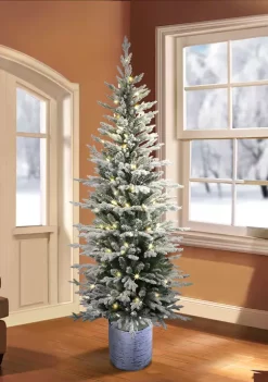 Budget 🎁 Puleo International Pre-Lit 7.5-Foot Potted Flocked Scandinavian Fir Pencil 🔔 Christmas Tree ⭐