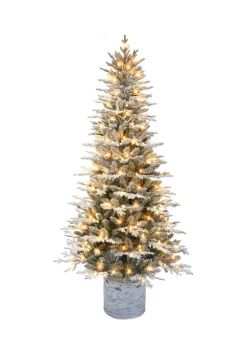 Promo ❤️ Puleo International Pre-lit Potted Flocked Arctic Fir Tree with Birch wood look base 🎉
