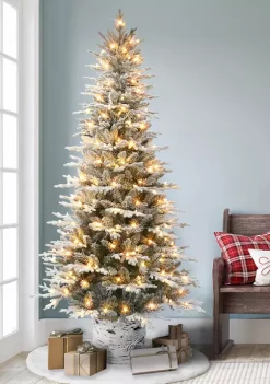 Promo ❤️ Puleo International Pre-lit Potted Flocked Arctic Fir Tree with Birch wood look base 🎉 -Wonderly Shop Belk 1807