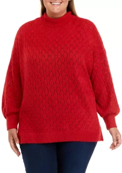 New 🎉 Wonderly Plus Size Drop Shoulder Pointelle Mock Neck Tunic Sweater 🔔 -Wonderly Shop Belk 487