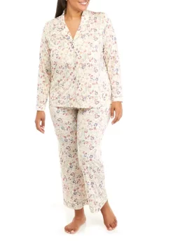 Best Pirce ❤️ Wonderly Plus Size Knit Satin Finish Notch Collar Top and Pants Pajama Set 👏