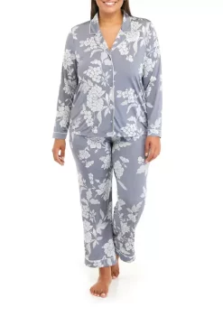 Best Pirce ❤️ Wonderly Plus Size Knit Satin Finish Notch Collar Top and Pants Pajama Set 👏 -Wonderly Shop Belk 594