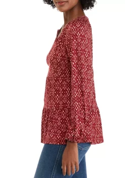 Coupon 🎉 Wonderly Petite Long Sleeve Smocked Split Neck Tiered Tunic Top 🔥 -Wonderly Shop Belk 800