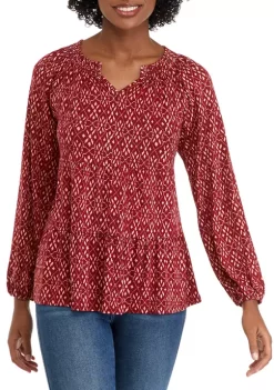Coupon 🎉 Wonderly Petite Long Sleeve Smocked Split Neck Tiered Tunic Top 🔥 -Wonderly Shop Belk 801