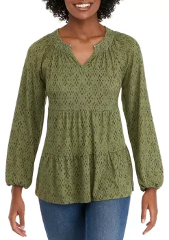Coupon 🎉 Wonderly Petite Long Sleeve Smocked Split Neck Tiered Tunic Top 🔥 -Wonderly Shop Belk 802