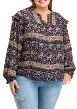 Promo 🧨 Wonderly Plus Size Printed Split Neck Woven Top ✔️