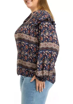 Promo 🧨 Wonderly Plus Size Printed Split Neck Woven Top ✔️ -Wonderly Shop Belk 922