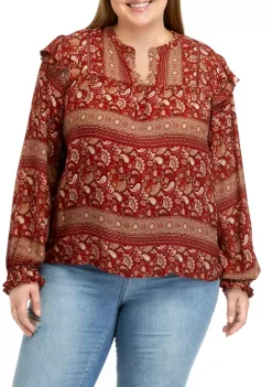 Promo 🧨 Wonderly Plus Size Printed Split Neck Woven Top ✔️ -Wonderly Shop Belk 923